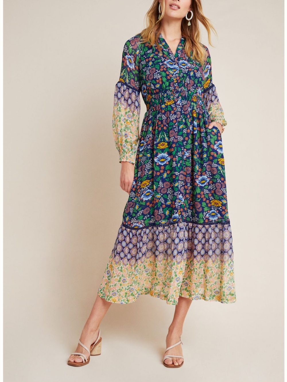 Maeve Floral Patchwork Maxi Dress - Blue, Green, Yellow